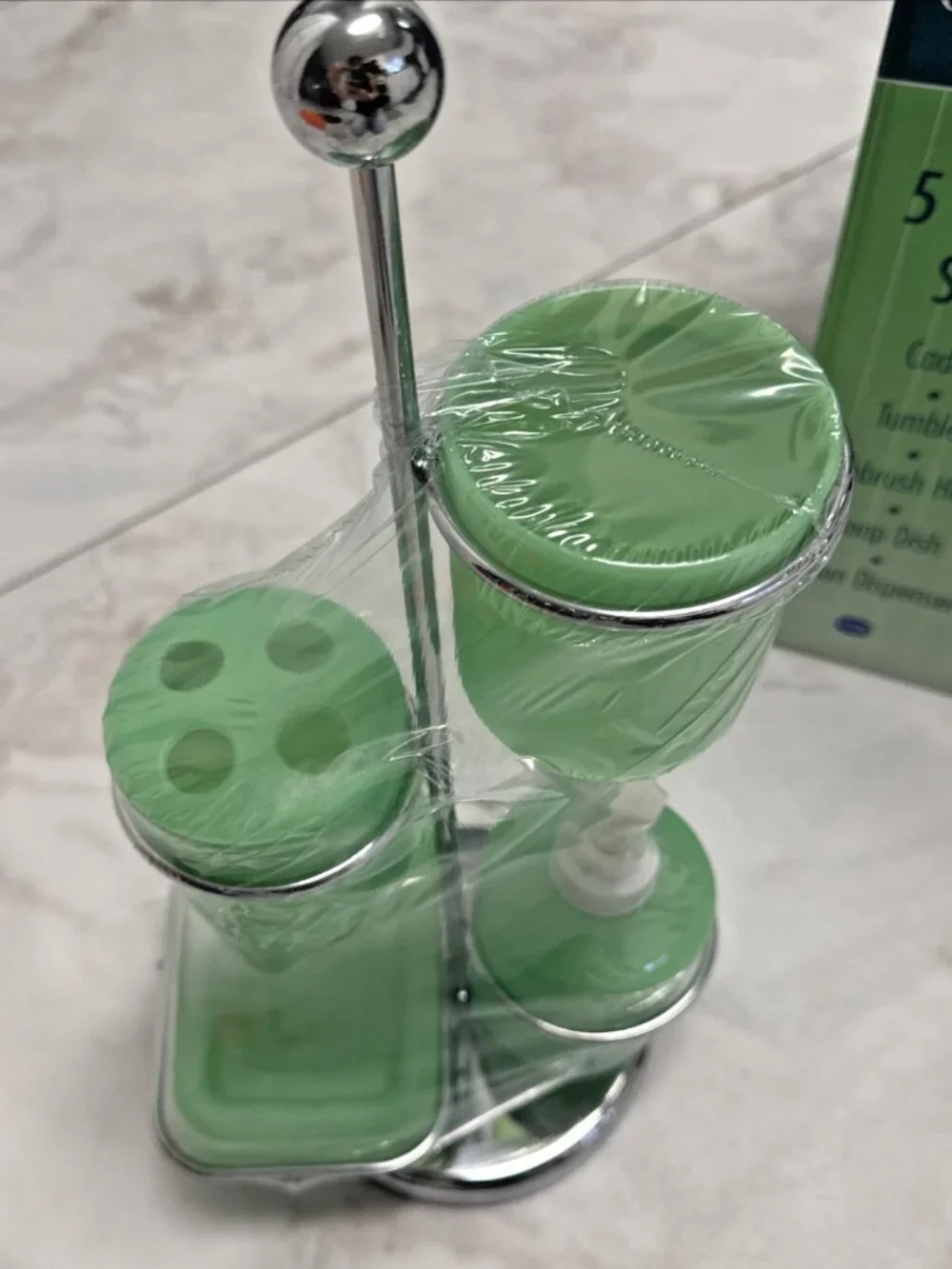 Vintage 90s 5 Piece Bathroom Vertical Caddy Set Green Plastic Chrome Stand NEW